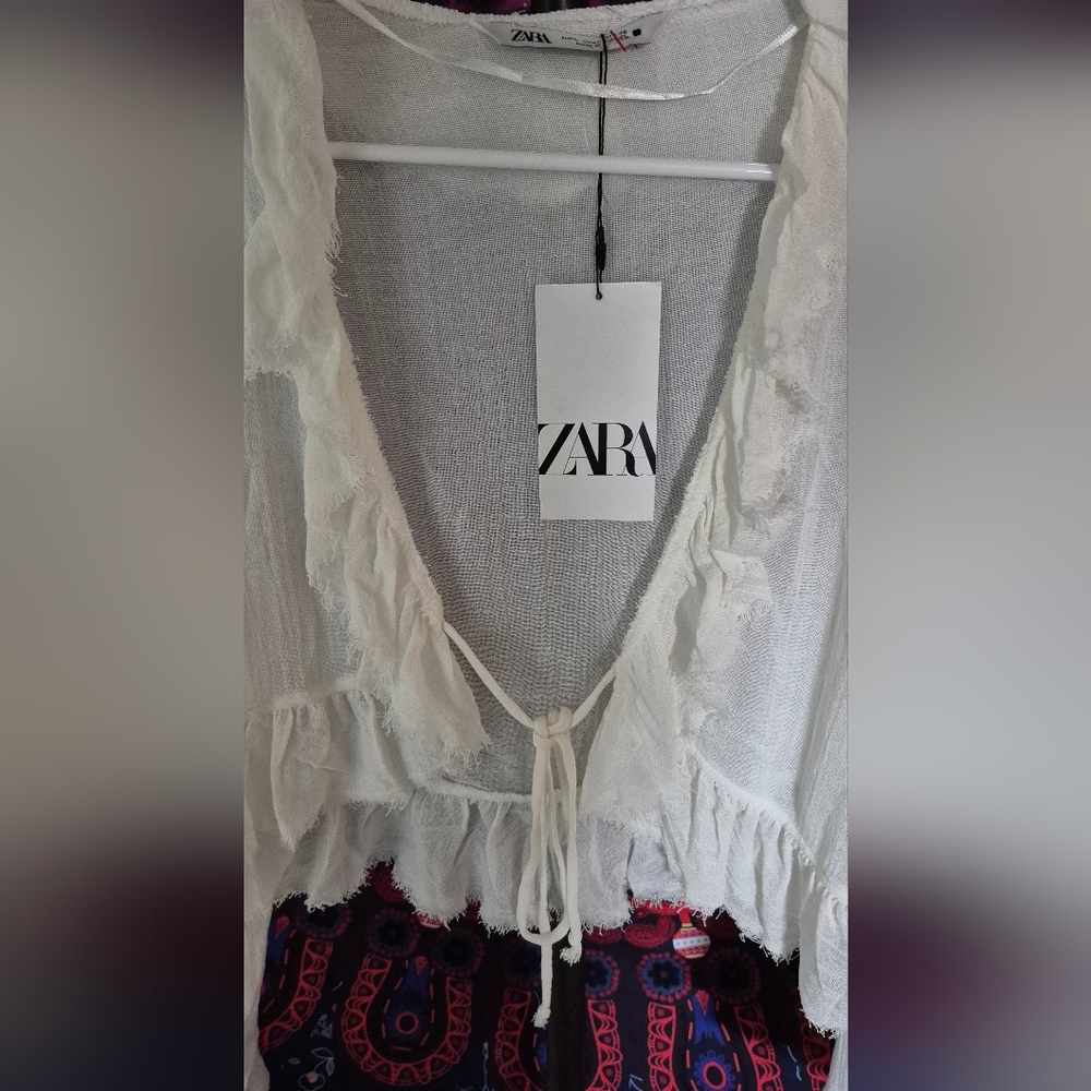 Zara White Ruffle Tie-Front FlounceTop SZ.L NWT - Picture 5 of 9
